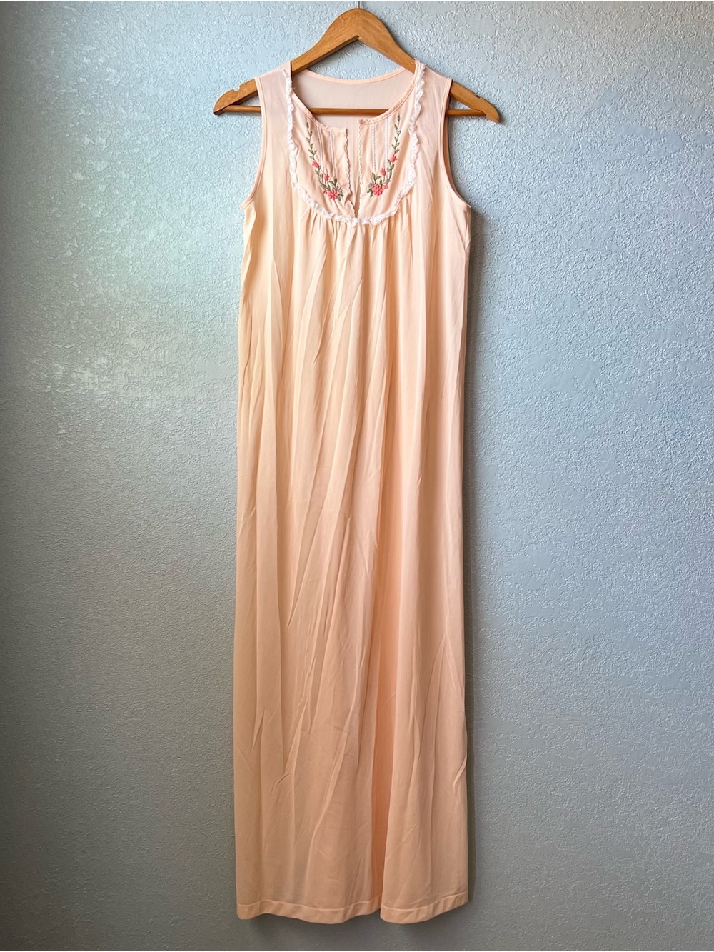 Vintage JCPenney Peach Nylon Nightgown Maxi Dress Floral Cottagecore Size S